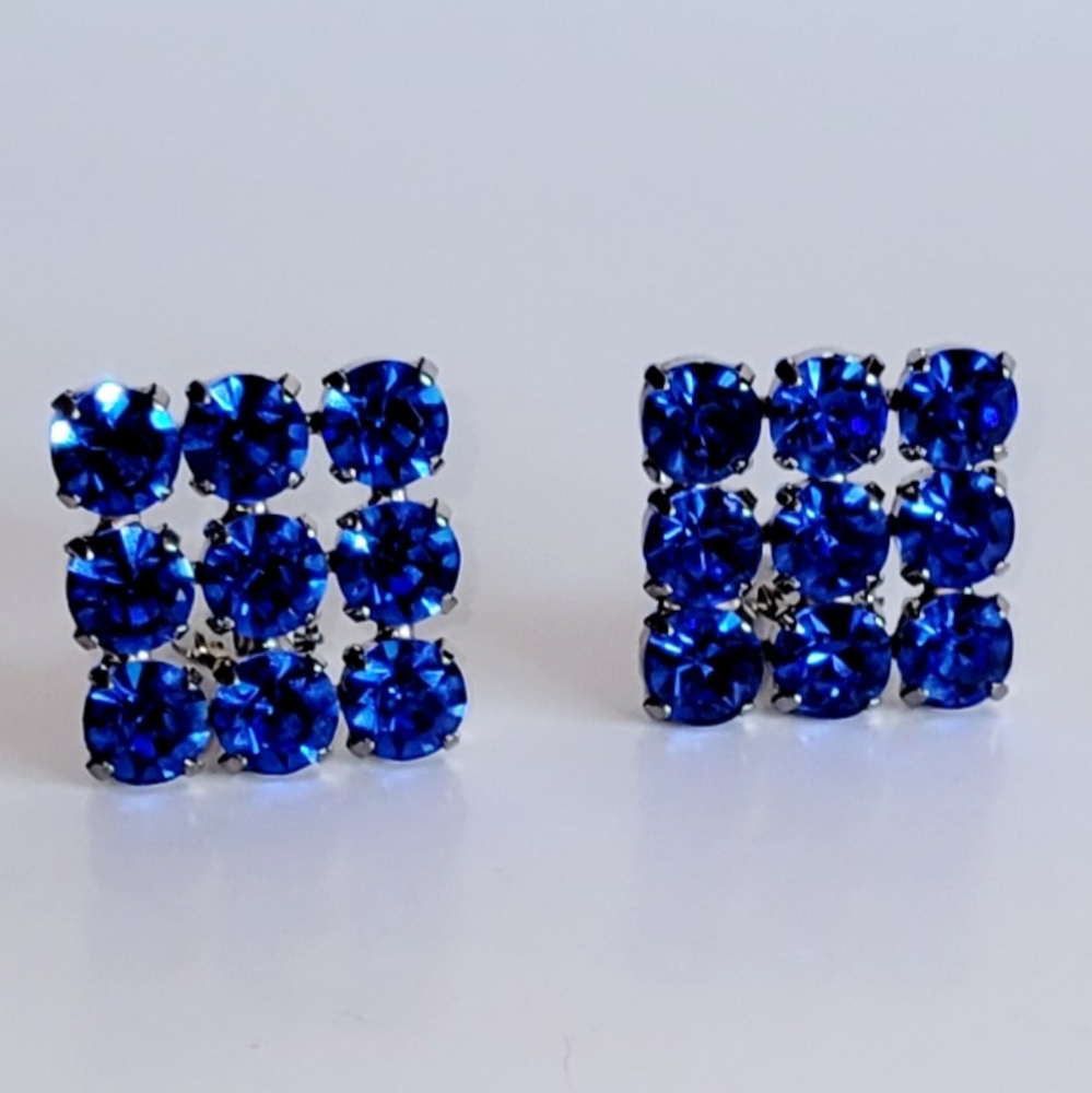 Vintage Blue Faceted Rhinestone Square Clip-on Classic Earrings